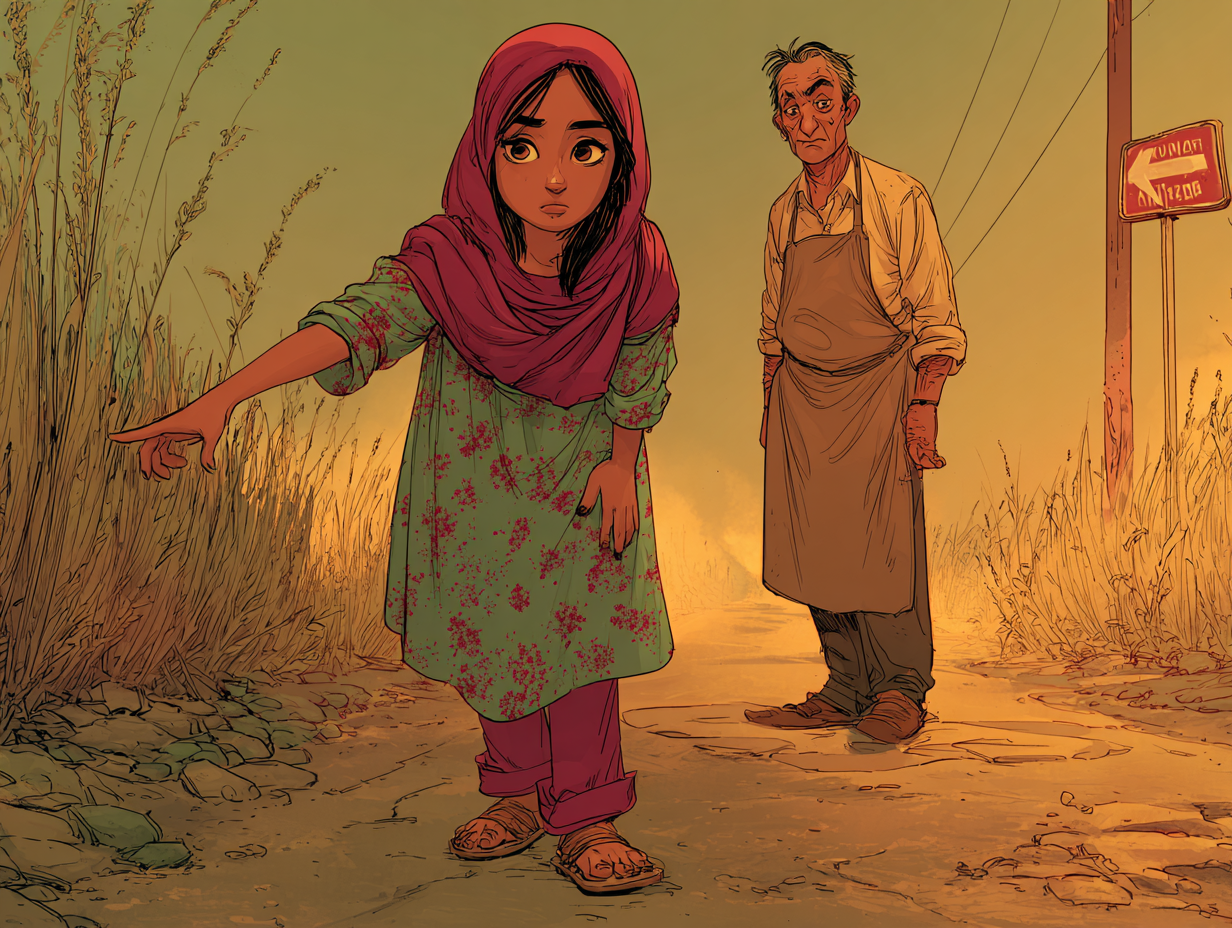 Aïda wijst meneer Amir, een man met een schort om, een plekje langs de weg aan.