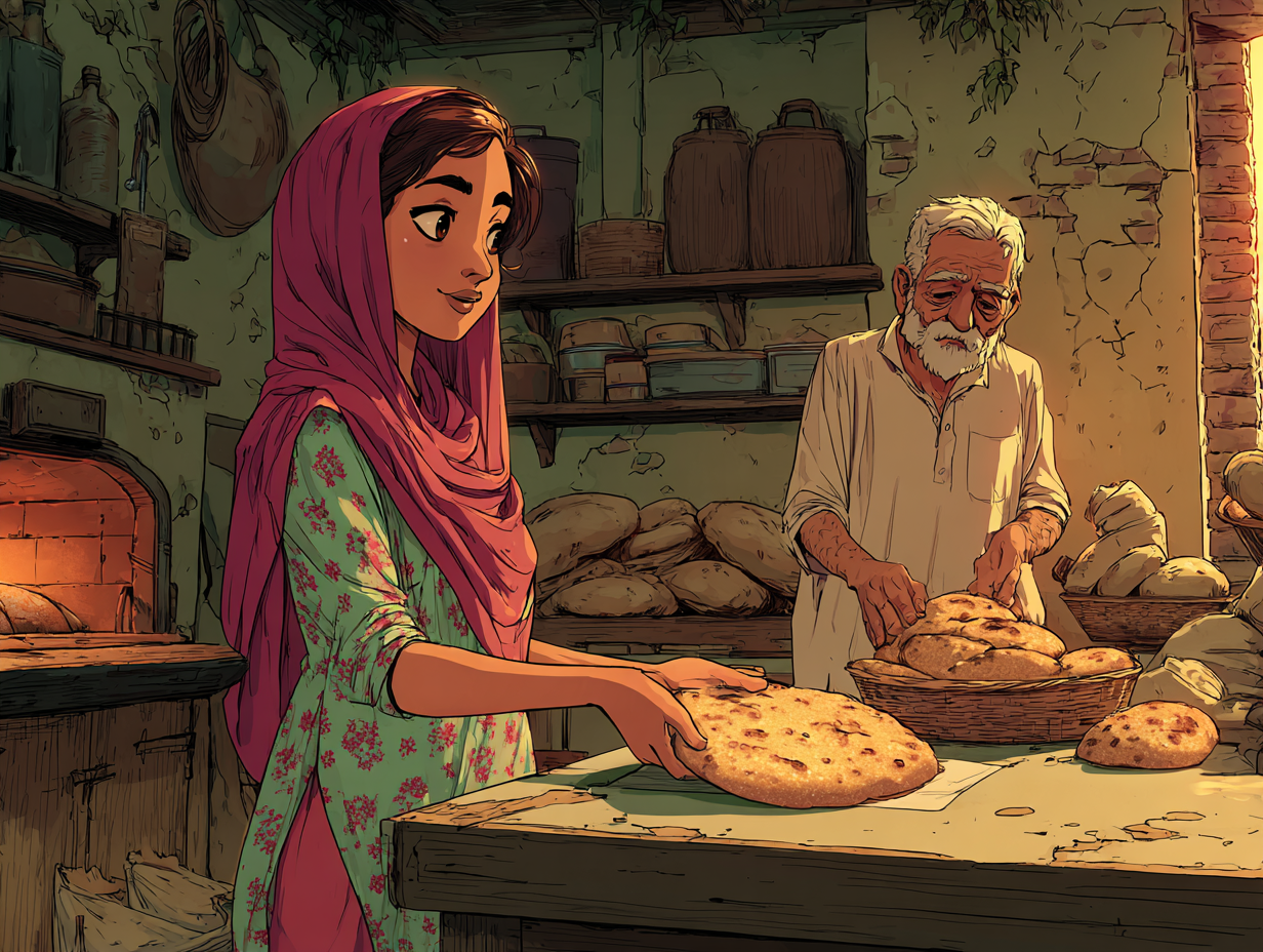 Aïda bij de bakker, een oudere man. Ze pakt een platbrood in haar handen.