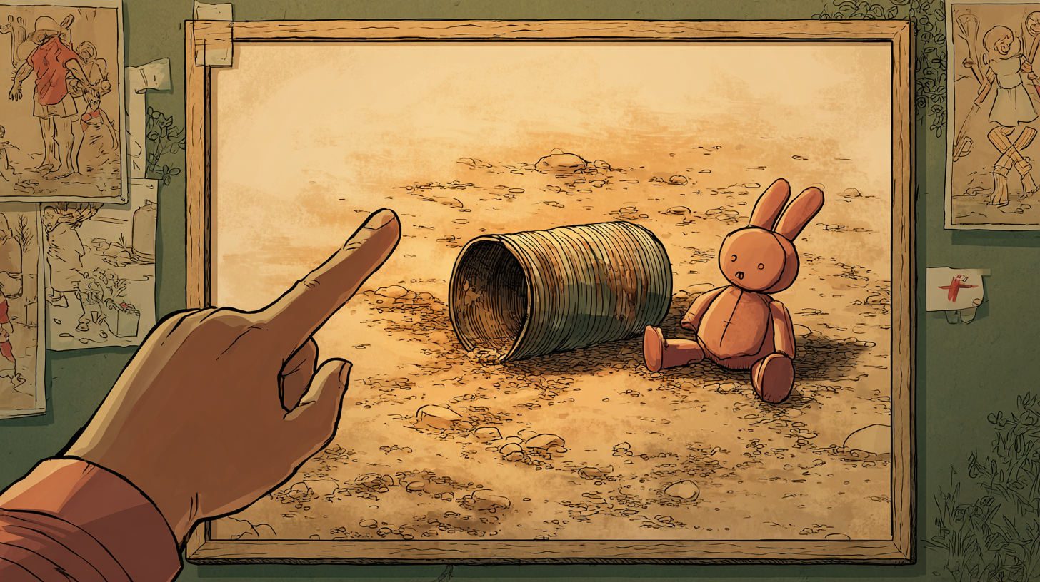 Une main pointe du doigt une image présentant des engins explosifs dangereux, dont un piège avec un lapin en peluche.