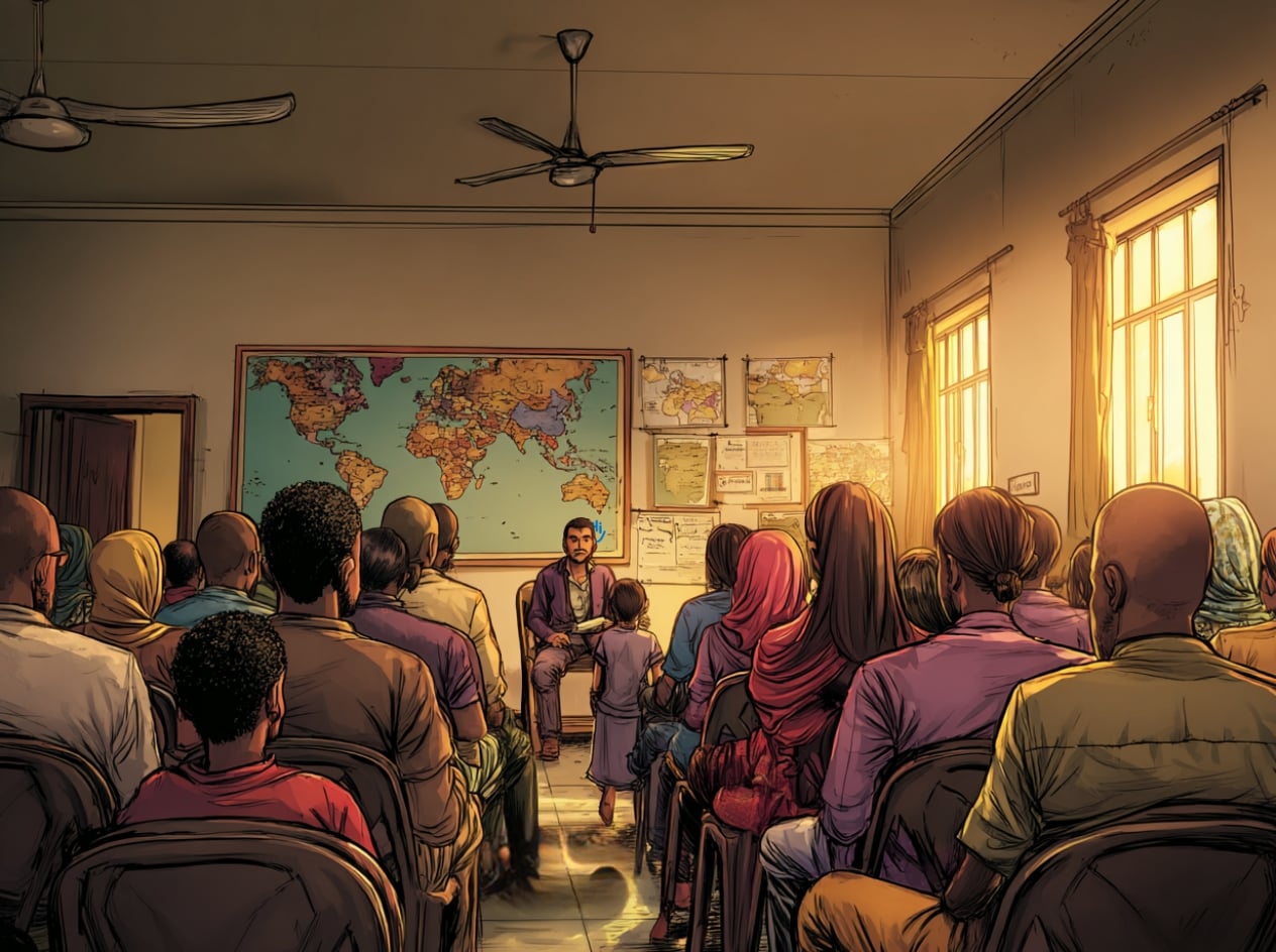 Dans une salle de classe, des personnes sont assises de dos et regardent un homme parler.