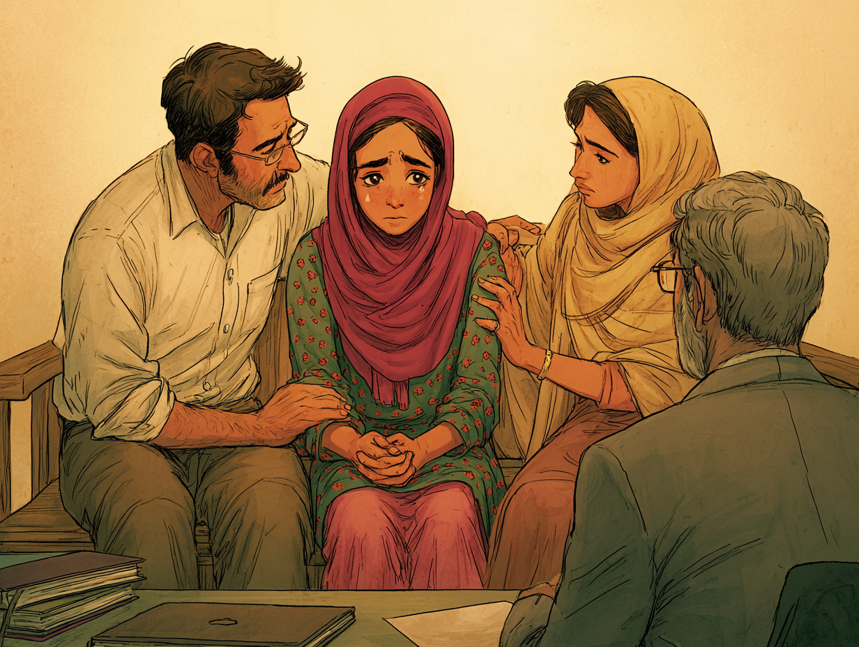 Aïda est assise au milieu de ses parents et pleure. Le directeur d'école est assis en face d'eux.