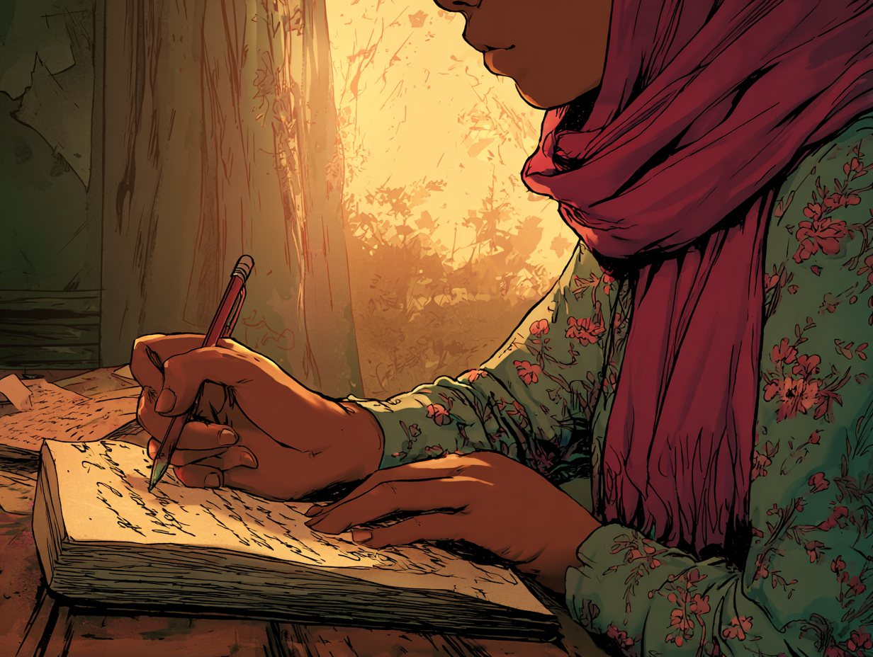 Aïda de profil écrit dans un cahier.