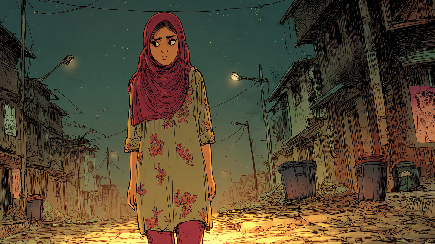 Aïda 's nachts, op straat. Ze kijkt opzij, met haar hoofd een beetje naar voren gebogen.