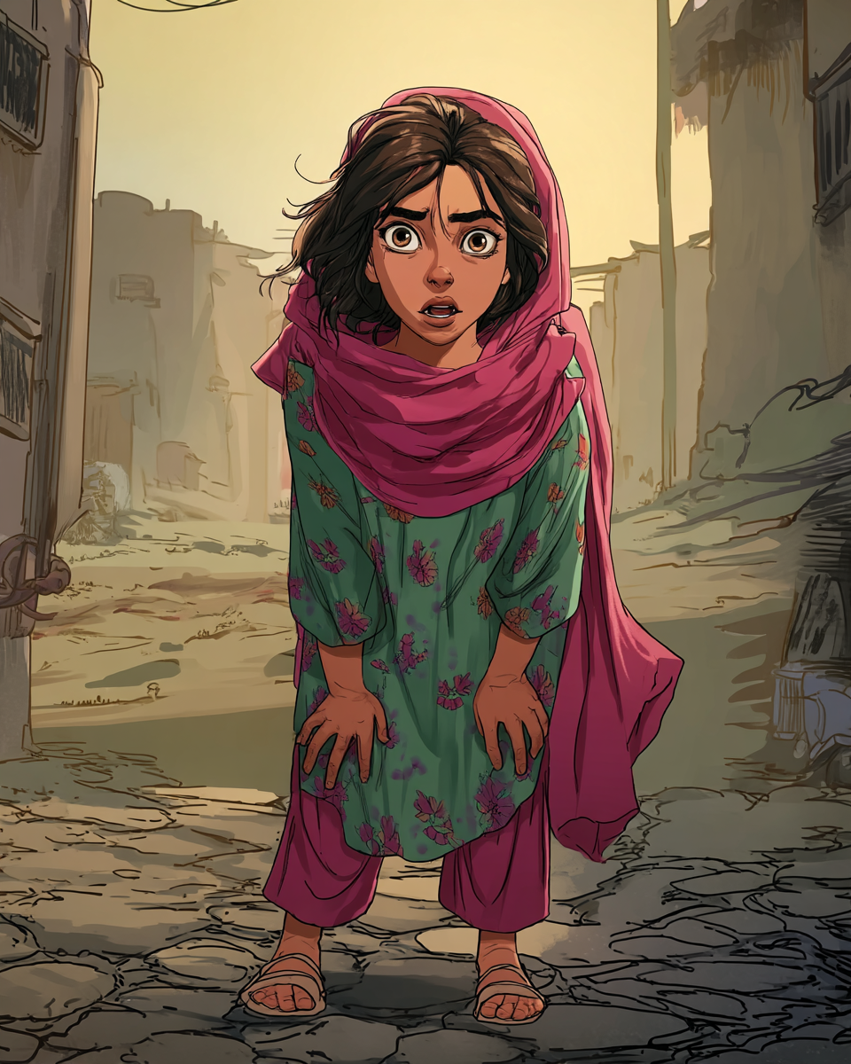 Met haar handen op haar knieën komt Aïda weer op adem, terwijl haar blik strak op de weg voor haar gericht is...