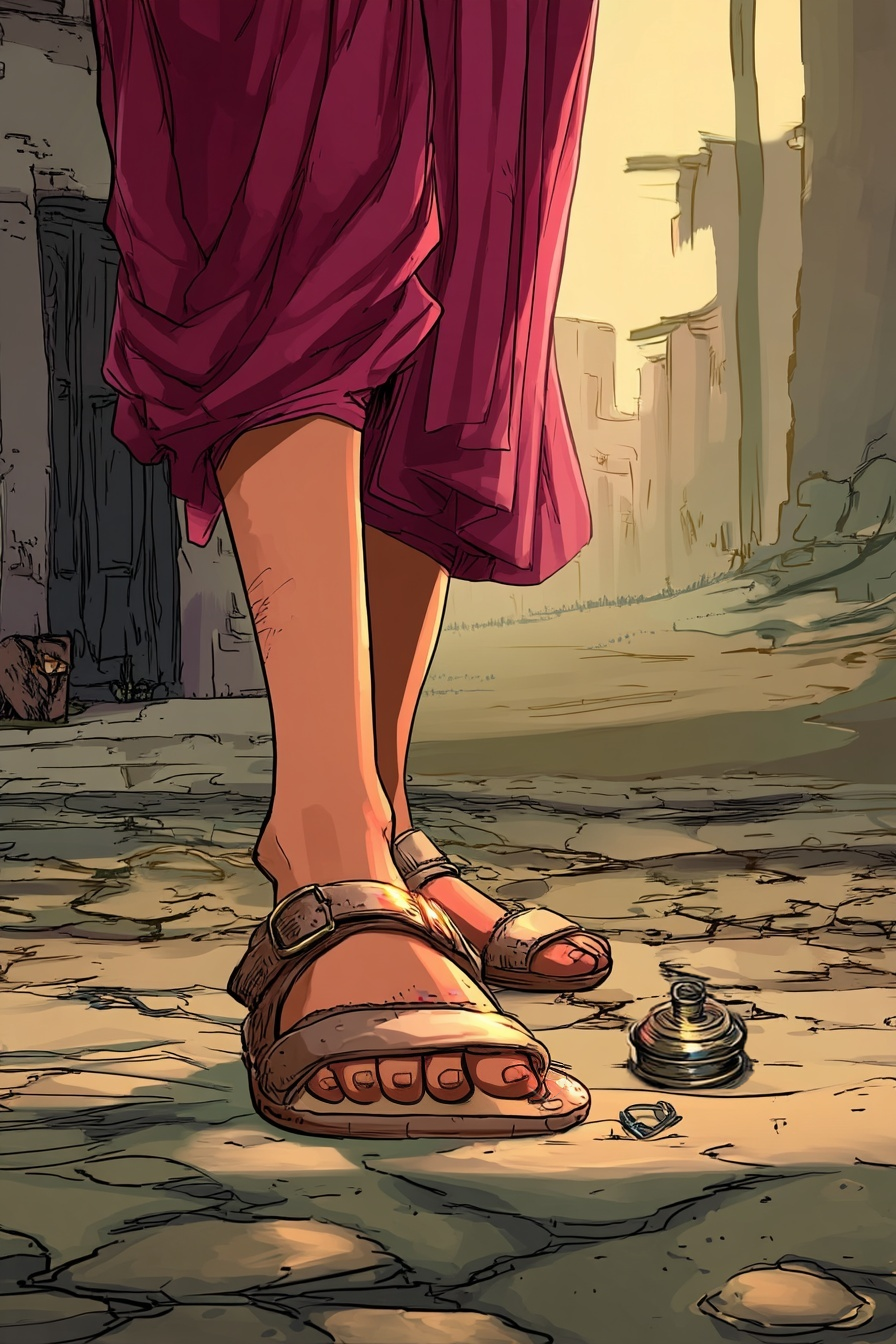 Gros plan sur les pieds d’Aïda. Tout près, un objet métallique qui ressemble à une mine.