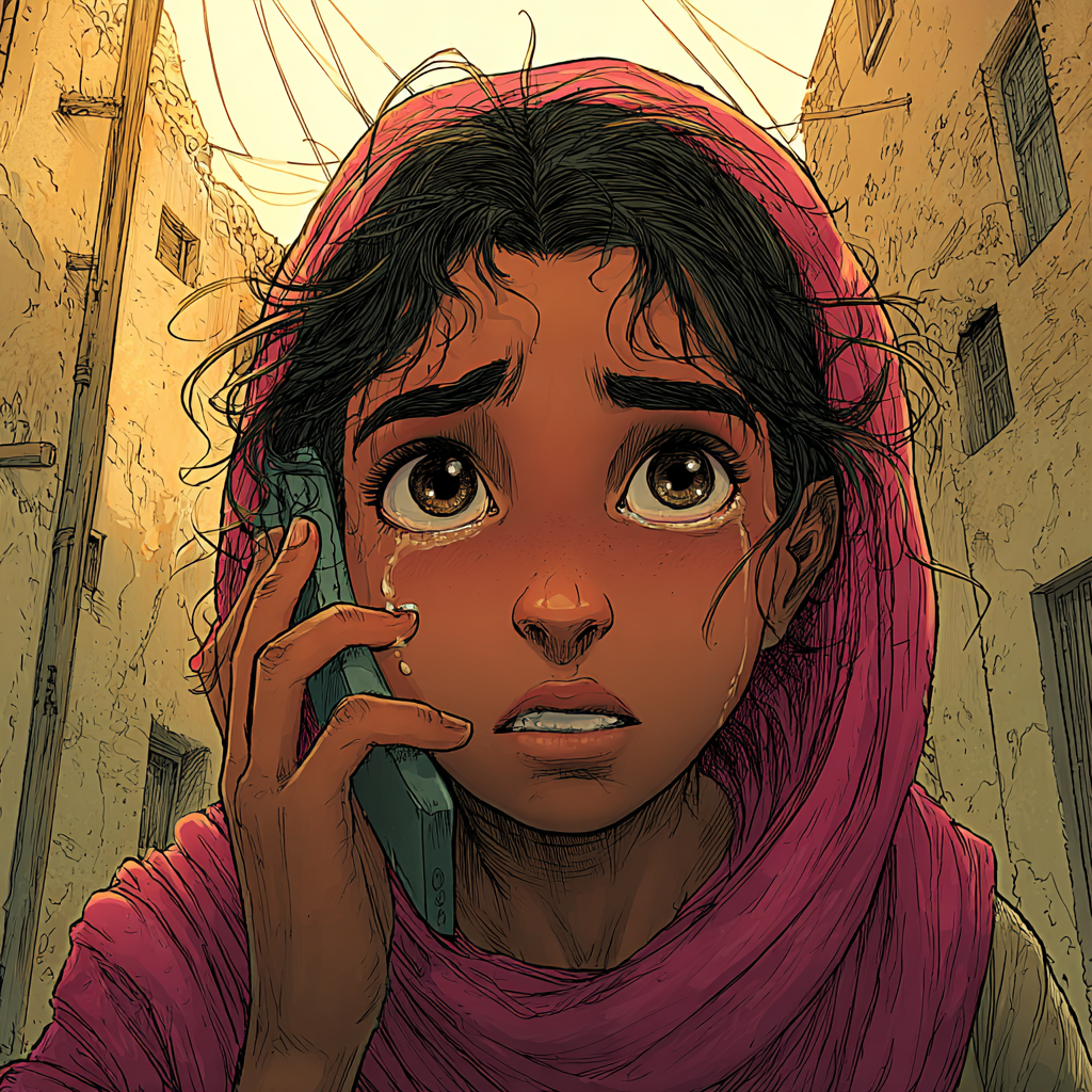 En larmes, Aïda parle à quelqu'un avec son smartphone.