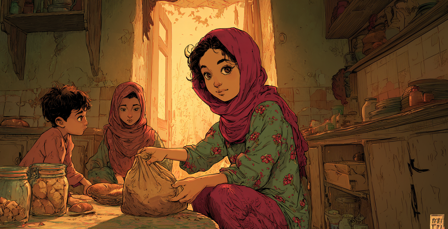 Aïda staat in de keuken van haar huis en zet een tas op de houten tafel. Op de achtergrond staan haar moeder en haar kleine broertje.