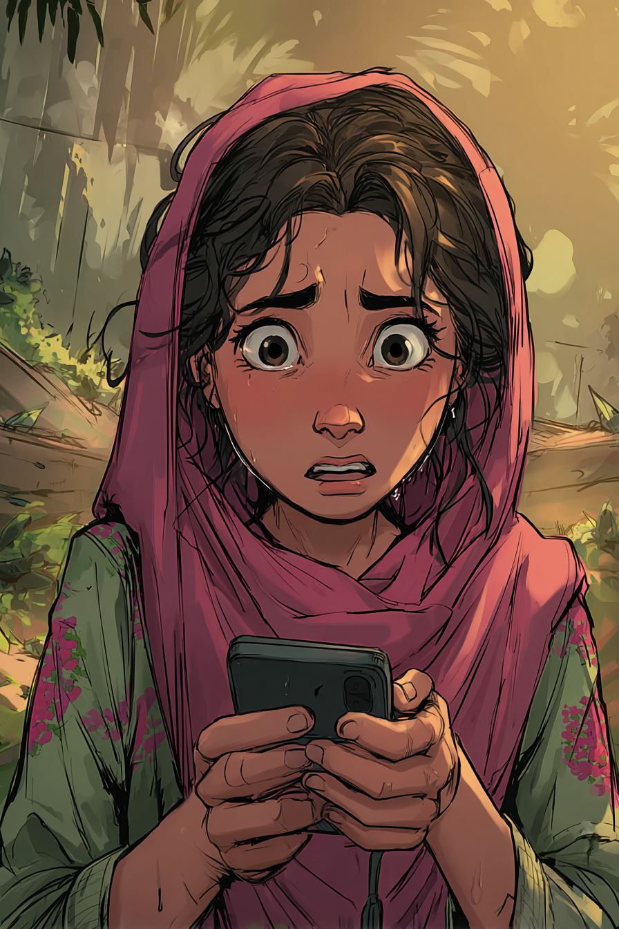 Aïda regarde son téléphone qui vient de sonner.