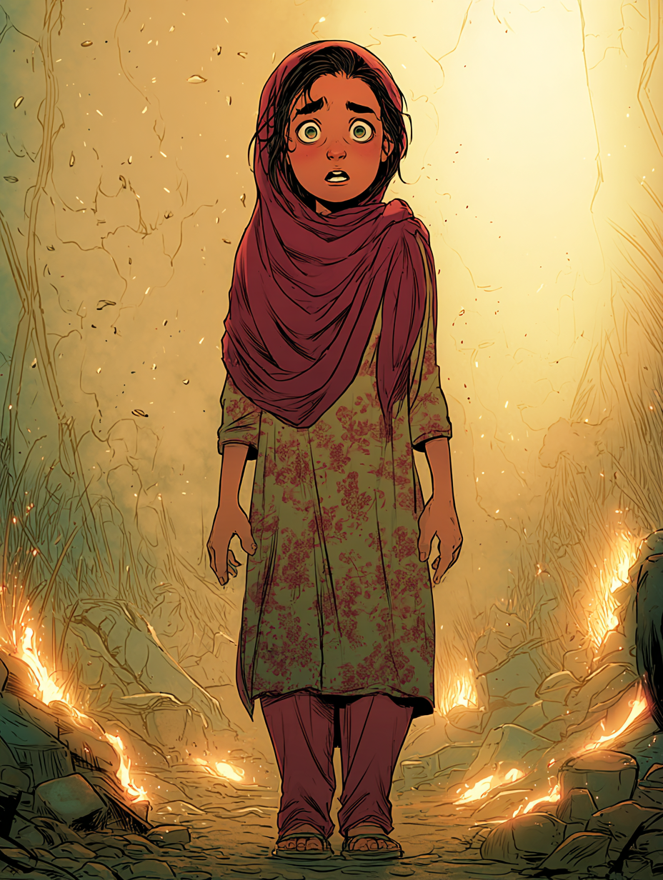 Aïda, debout dans une zone où vient d'avoir lieu une explosion.