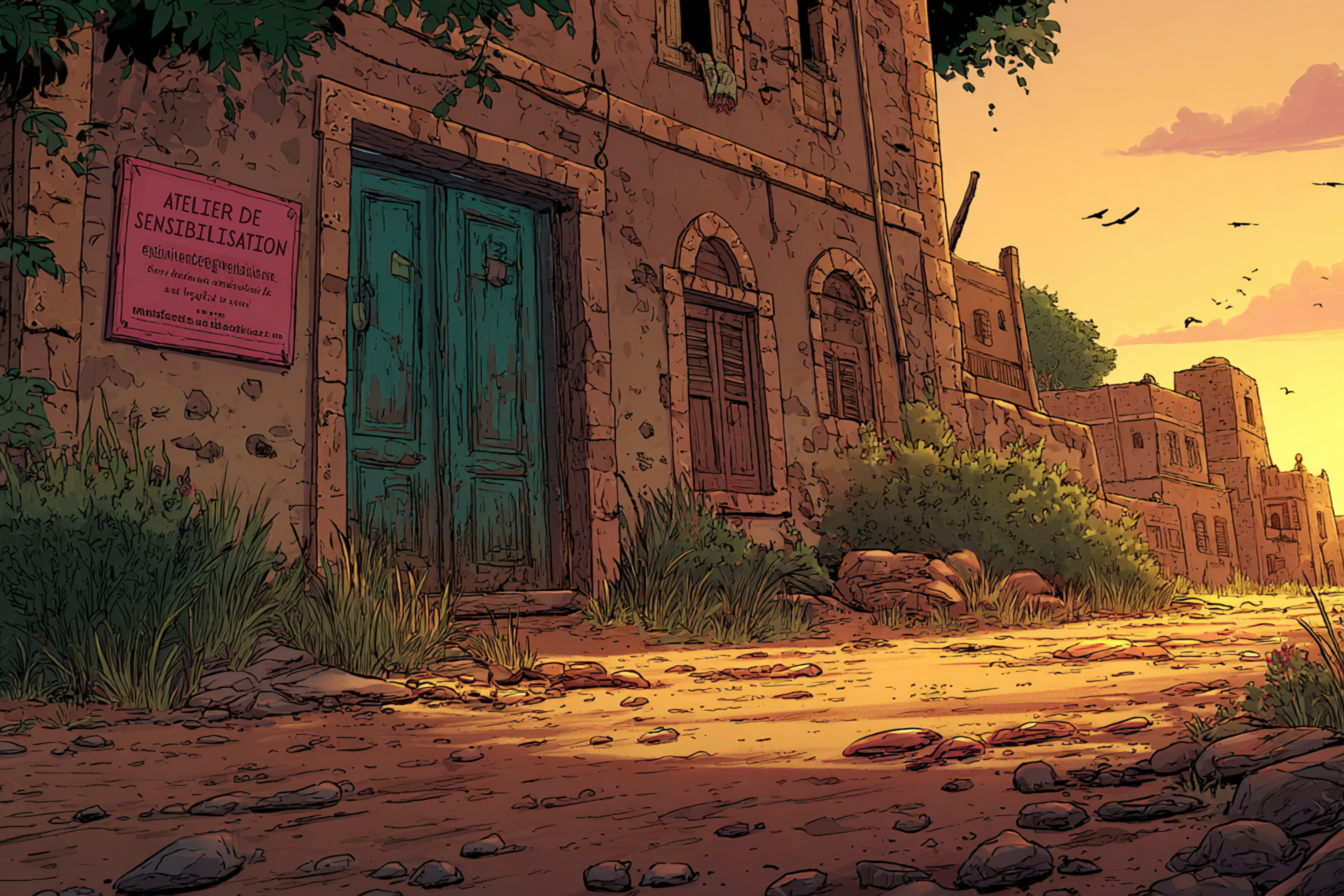 Une rue d'une petite ville du Moyen-Orient, au centre une grande maison avec une porte bleue et une affiche 