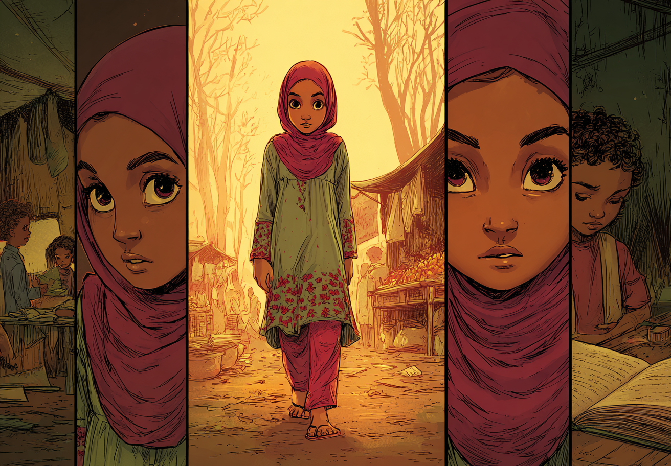 Een montage die de opeenvolging van Aïda’s dagelijkse bezigheden laat zien: op school, op weg naar huis, thuis terwijl ze haar huiswerk maakt.