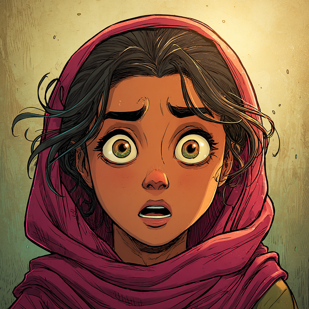 Close-up van Aïda’s verbaasde gezicht, haar ogen wijd open van schrik.