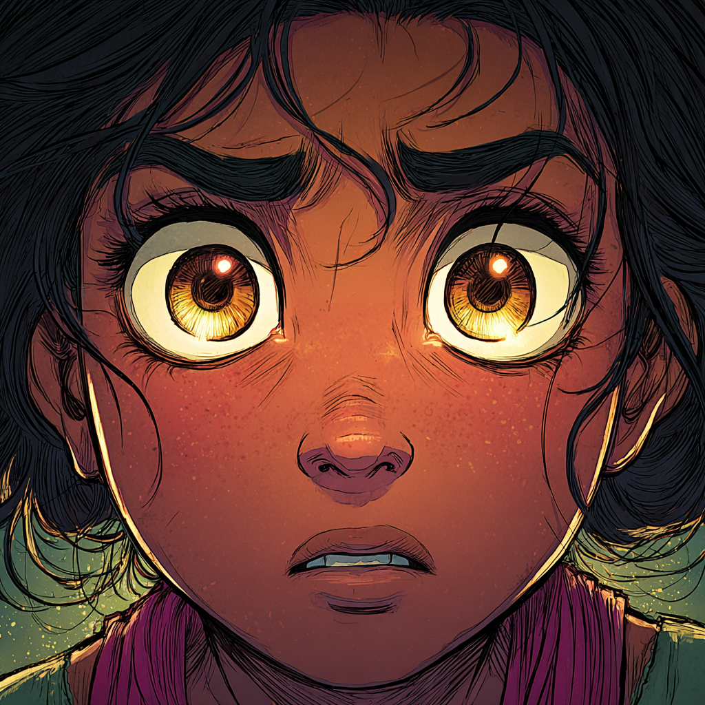 Gros plan sur le visage de Aïda, les yeux grands écarquillés