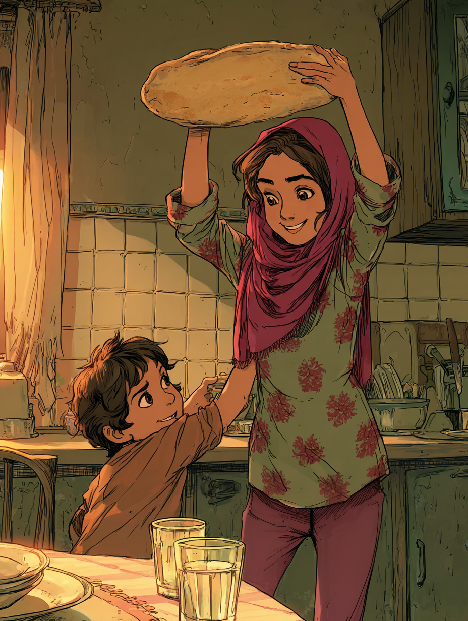 Aïda in haar keuken. Ze tilt het brood op om het buiten het bereik van haar kleine broertje te houden, die probeert het te pakken.