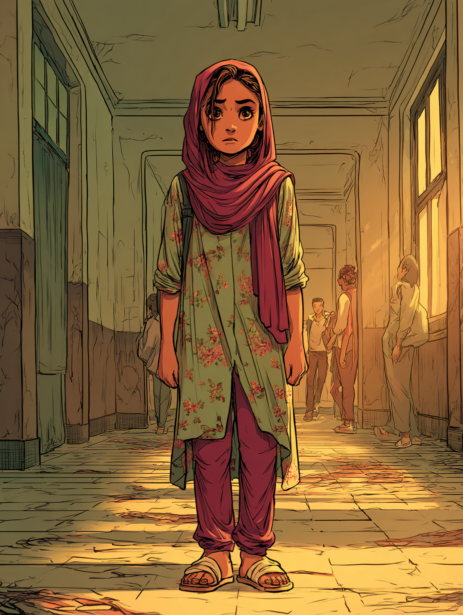 Aïda l'air perdue, debout au milieu d'un couloir de son école.