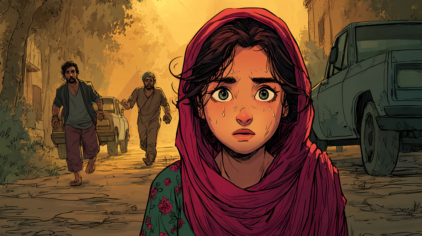 Aïda pleure. Derrière elle, deux hommes arrivent.