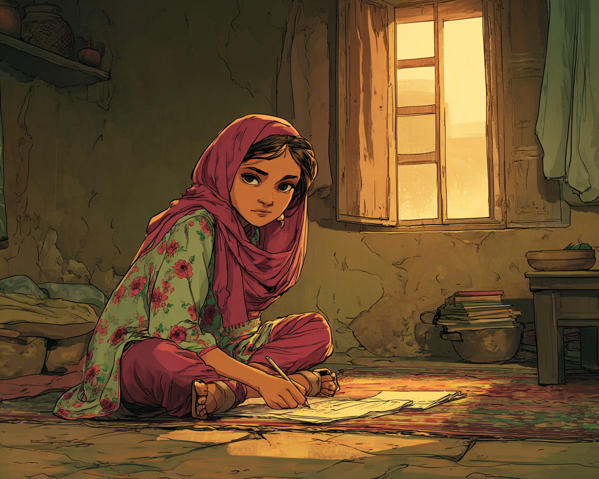 Aïda schrijft in een schrift terwijl ze op de vloer van haar huis zit.