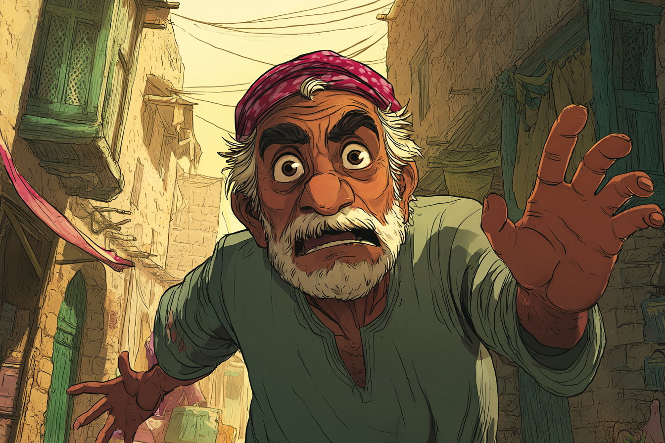 Foto van Momo vanuit een laag standpunt, met grote ogen en een geschrokken blik. Hij heeft een baard en wit haar. Hij rent op Aïda af om haar tegen te houden. 