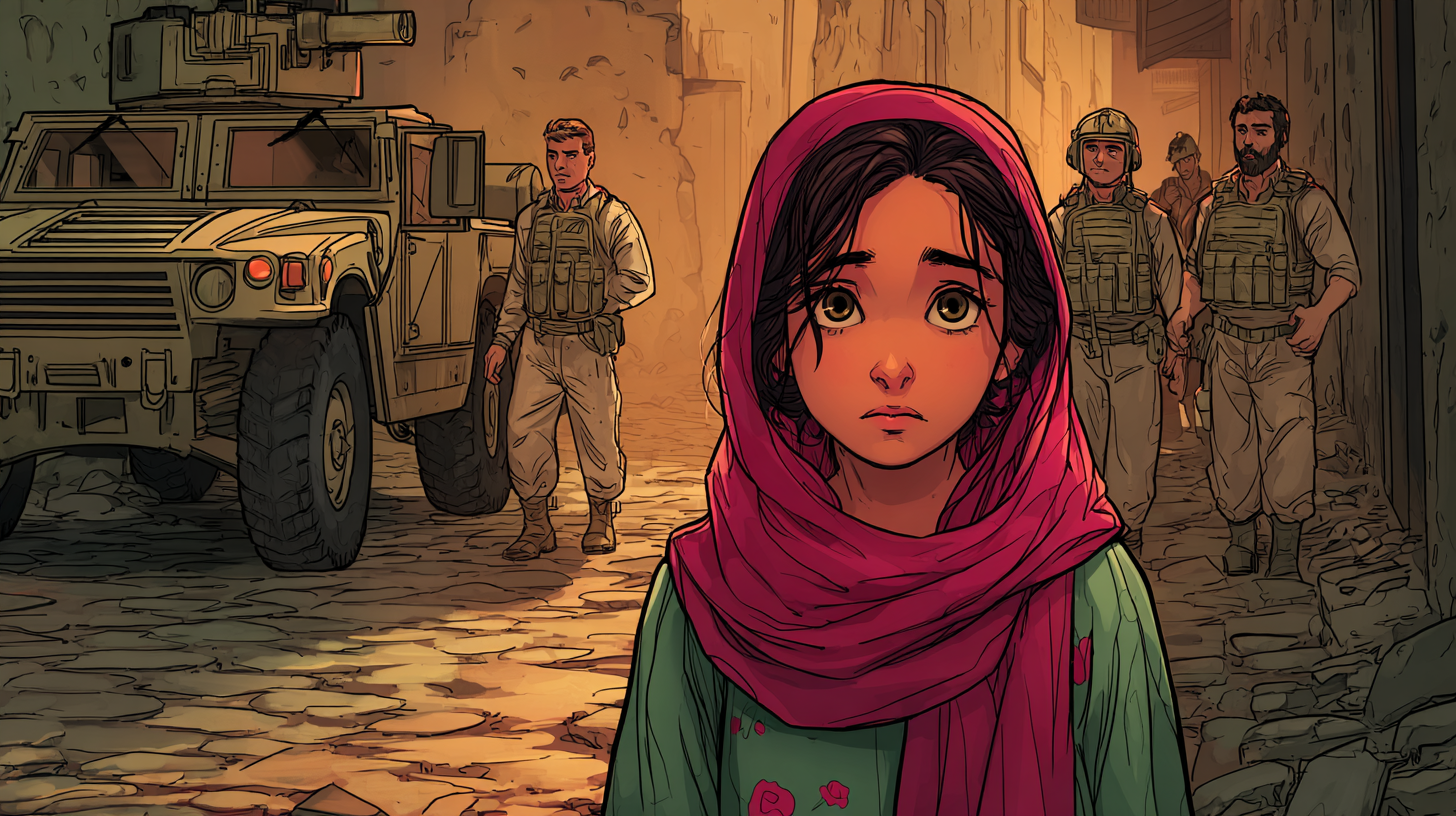 Aïda. Derrière elle, une voiture type 4x4 et l'équipe de démineurs