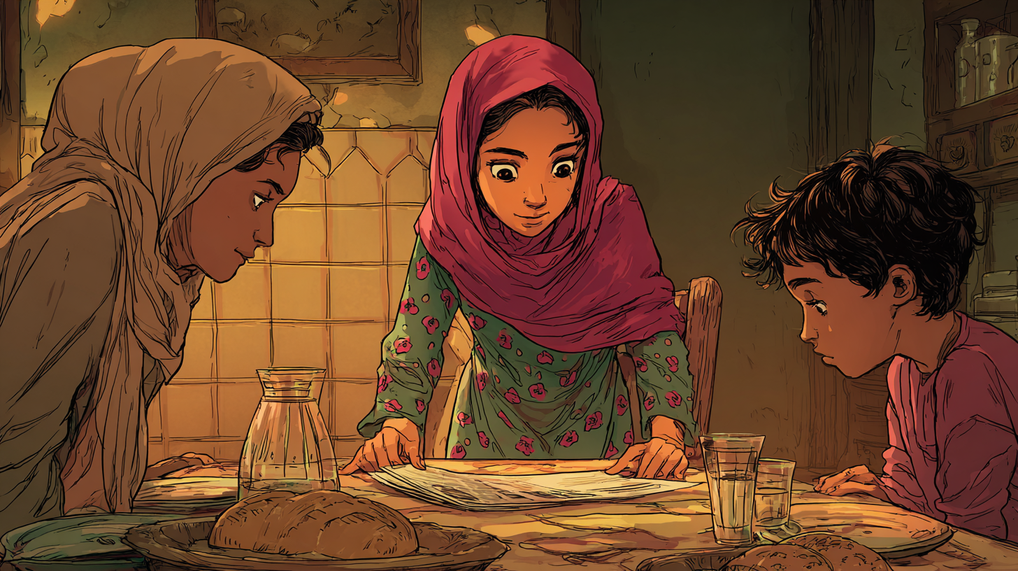 Aïda laat de folder aan haar moeder en haar kleine broertje zien.