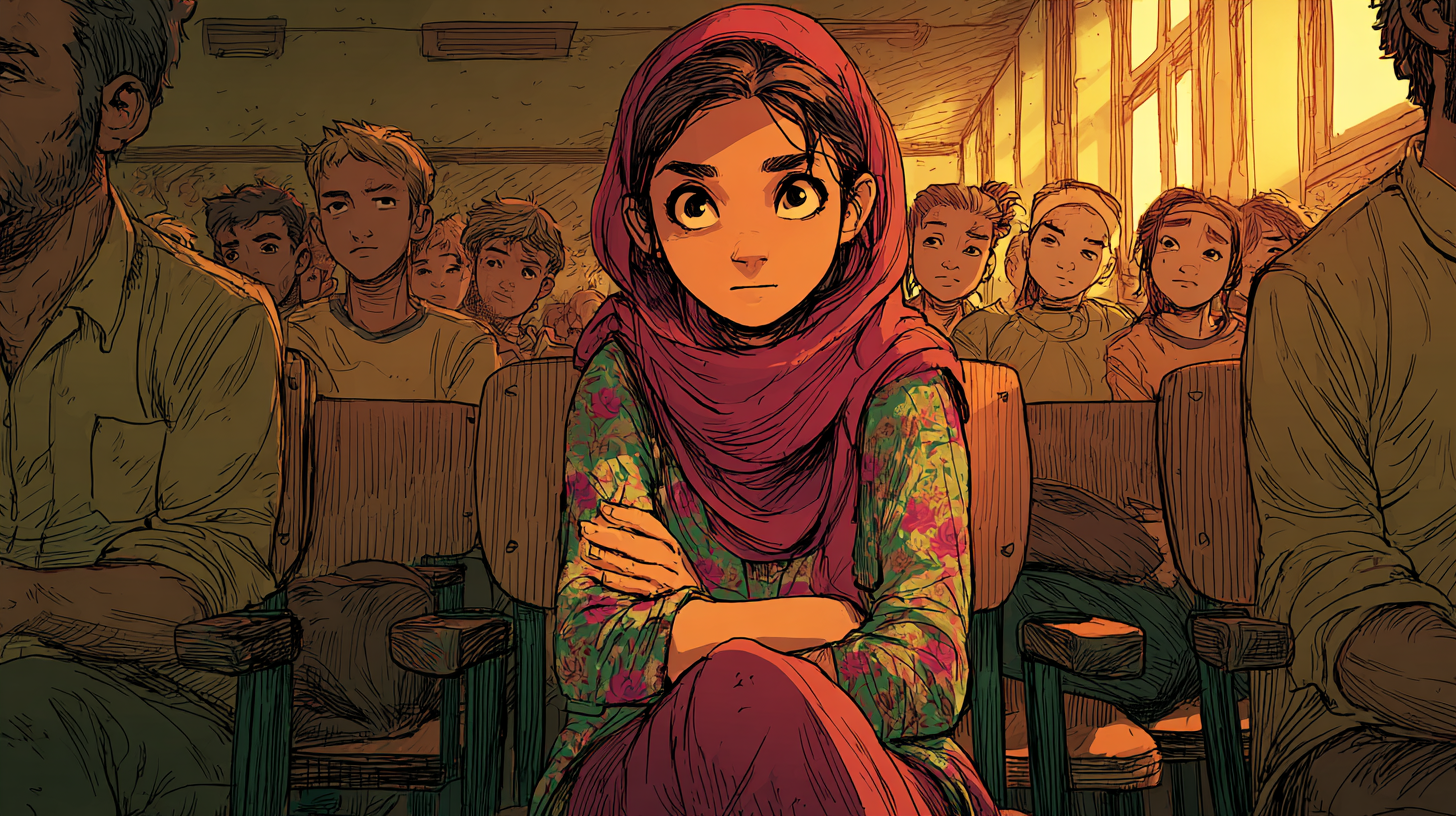 Aïda assise dans une grande salle au milieu d'autres élèves.