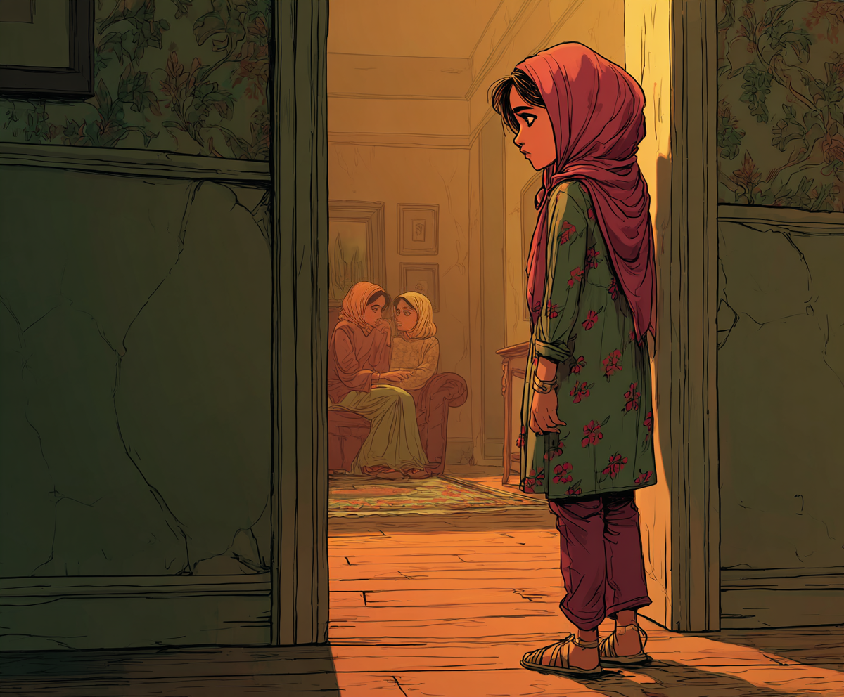 Aïda staat in de deuropening en kijkt naar haar moeder en een buurvrouw die op de bank zitten en druk aan het praten zijn.