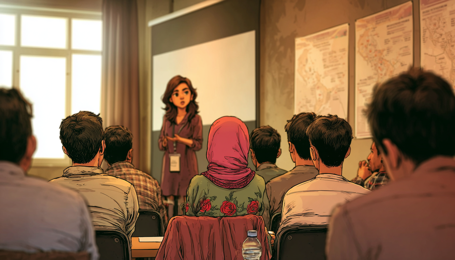 Aïda, die met haar rug naar de kijker zit te midden van andere mensen. Een jonge vrouw spreekt de aanwezigen toe.