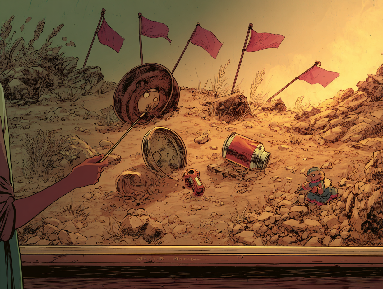 Een poster met afbeeldingen van explosieven en waarschuwingsborden. Iemand wijst met een metalen staaf naar een van de afbeeldingen.