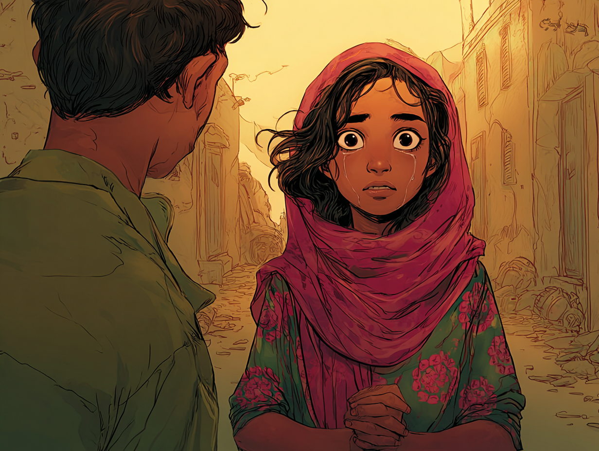 Un démineur (de dos) parle à Aïda, en larmes.