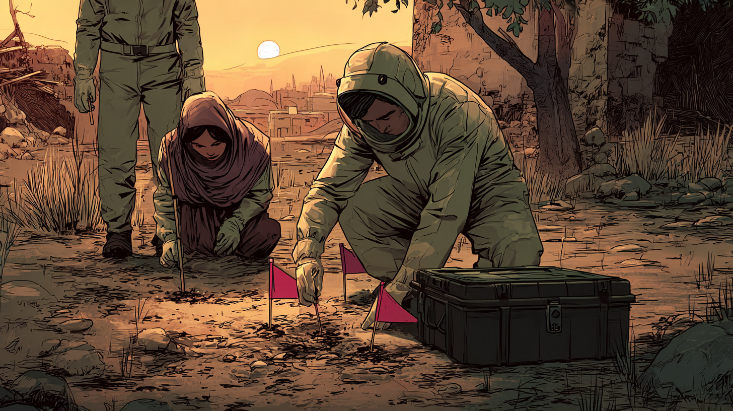 Trois démineurs, deux hommes et une femme se mettent au travail. et balisent la zone avec des petits drapeaux rouges. La femme ouvre une mallette avec du matériel.