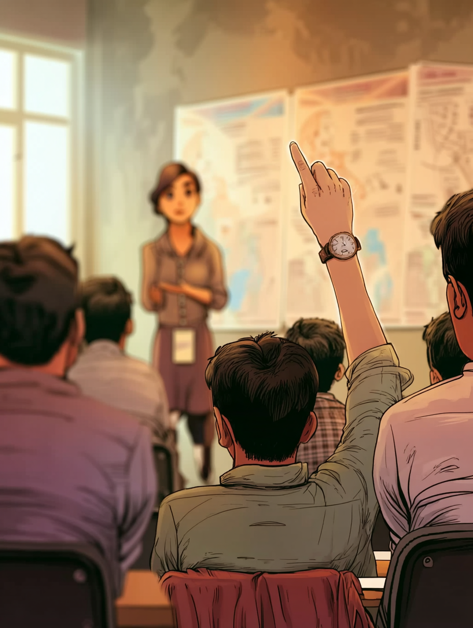 Een man in de zaal steekt zijn hand op.