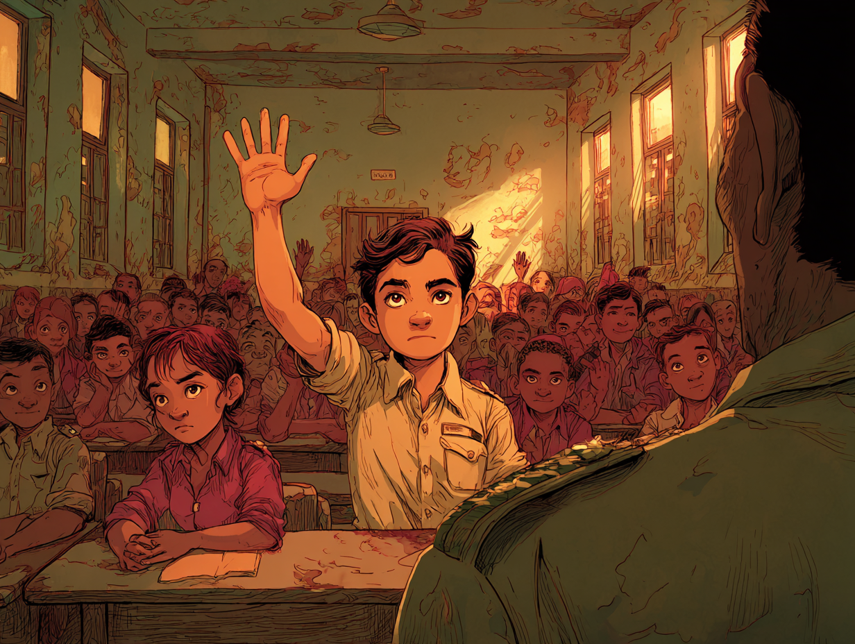 Een jongen uit de klas steekt zijn hand op om een vraag te stellen.