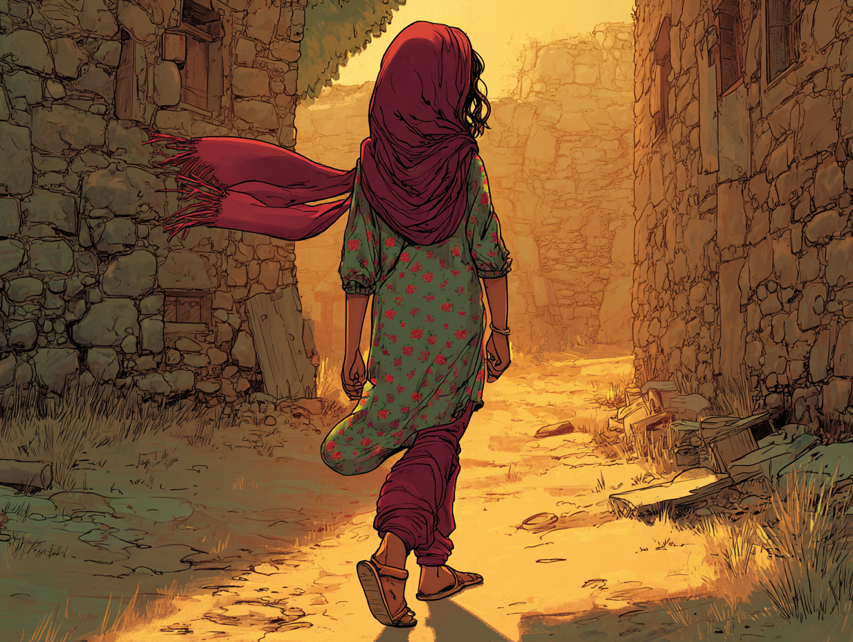 Aïda marche dans la rue, vue de dos. Son foulard vole avec le vent.