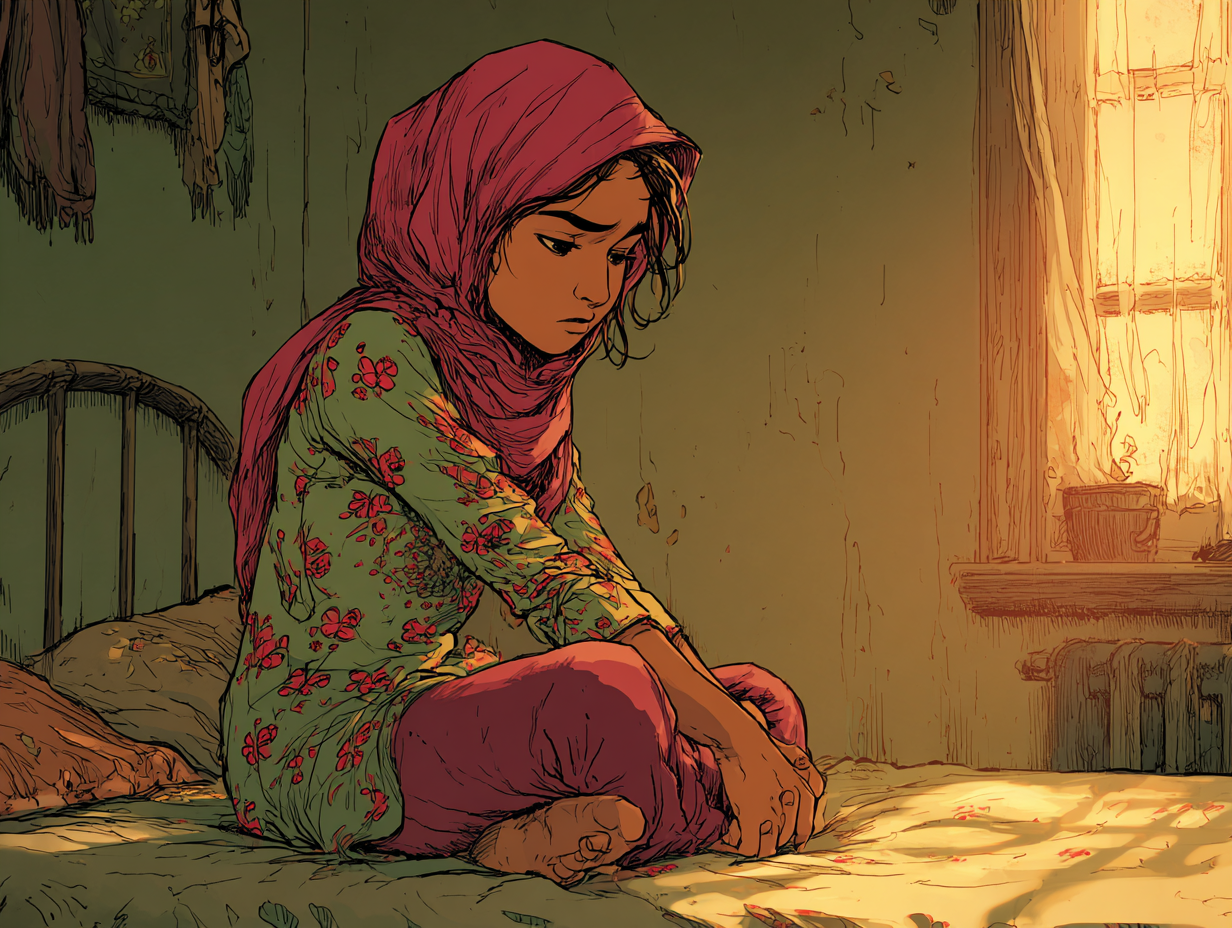 Aïda zit in kleermakerszit op haar bed, met haar hoofd naar voren gebogen.