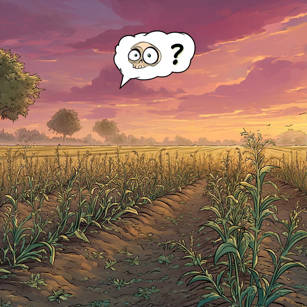 Een veld tegen een achtergrond van een zonsondergang. Er is een tekstballon met een ? toegevoegd om aan te geven dat Momo niet meer weet hoe ze terug naar haar veld moet komen.