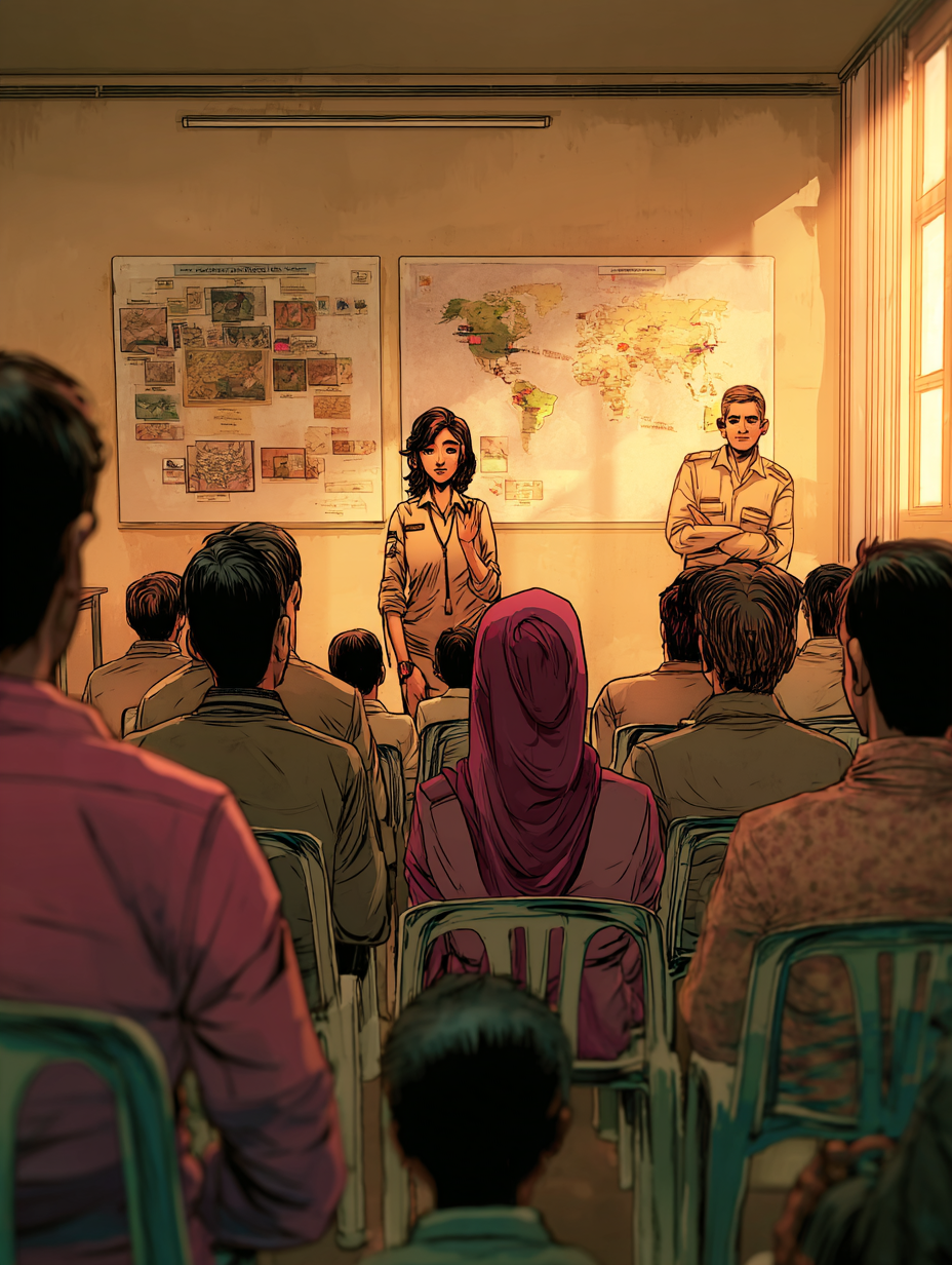 Un homme et une femme parlent à une assemblée, vue de dos.