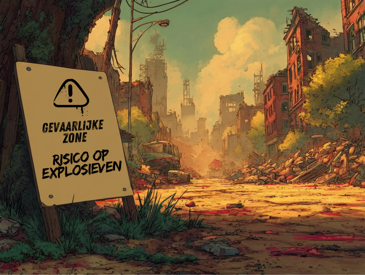 Het bord ‘Gevaarlijke zone – Risico op explosieven ’ leunt tegen een boom aan het begin van een verlaten straat. De kleuren lichten fel op in de ondergaande zon.