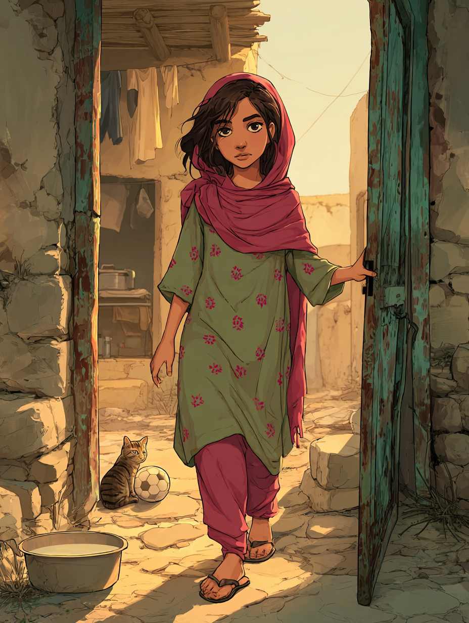 Aïda pousse la porte en fer rouillée et descend les marches en terre battue, le bruit de ses sandales résonnant sous le petit porche. Derrière elle, l’odeur du ragoût de lentilles flotte encore dans l’air tiède de la maison.