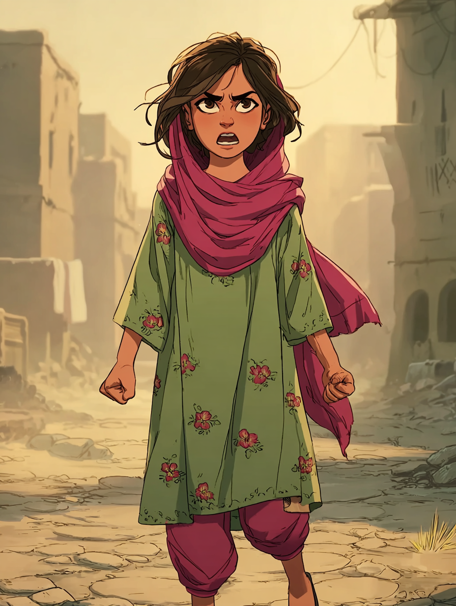 Aïda est dans la rue, elle marche points serrés et sourcils froncés, lâche un soupir d’agacement et de frustration. Quelques cheveux s’échappent de sous son foulard rose, elle porte sa tunique verte à fleurs roses. Son voile est assorti à son pantalon bou