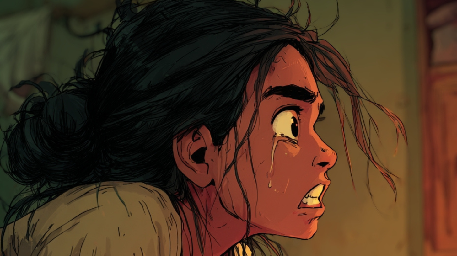 Gros plan d'Aïda de profil. Elle vient se de réveiller en larmes après un cauchemar.