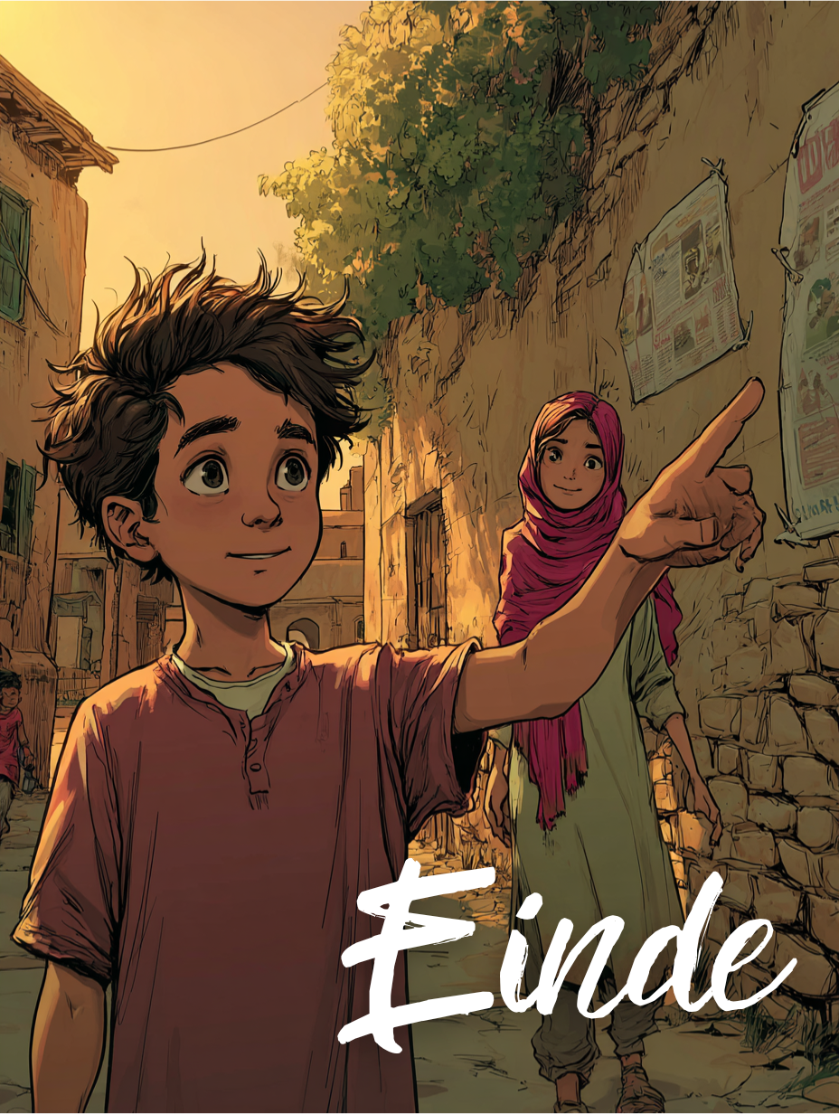 Samir, het broertje van Aïda, staat op straat. Hij wijst iets aan. Aïda staat achter hem. Op de tekening staat het woord „Einde!”. 