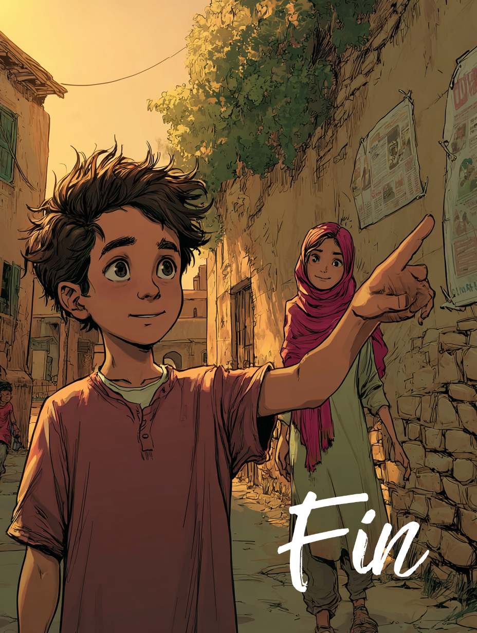 Samir, le petit frère de Aïda, dans la rue. Il montre quelque chose du doigt. Aïda se tient derrière lui. Le mot 