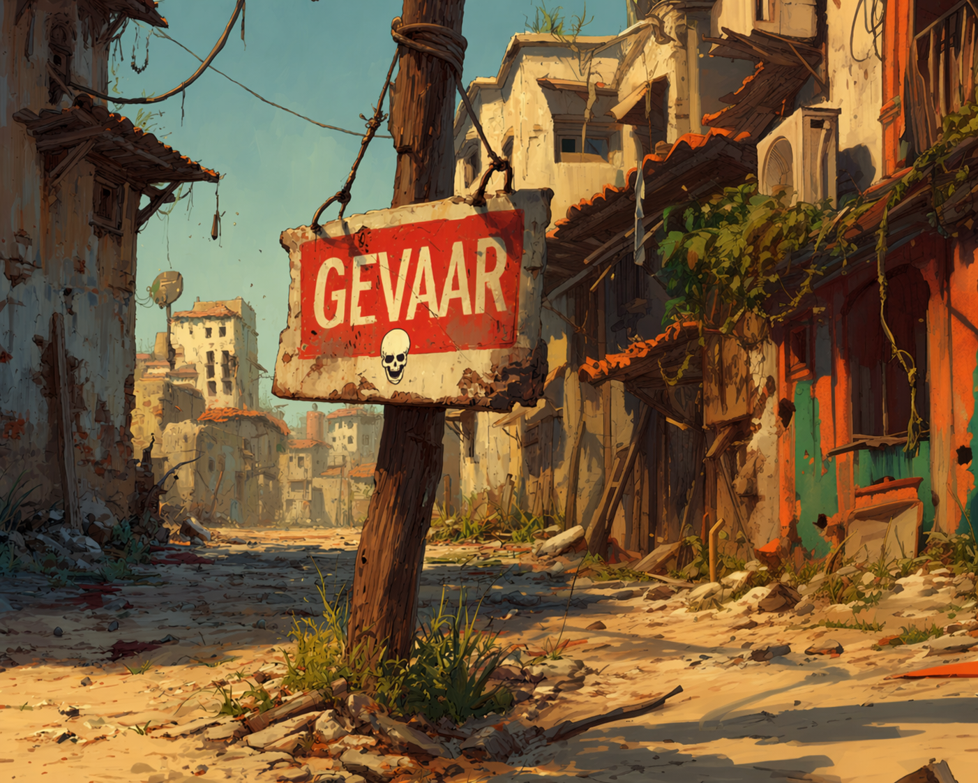 Een bord, scheef bevestigd aan een verwrongen metalen paal. De felrode verf contrasteert met de witte achtergrond en benadrukt de onheilspellende inscriptie: ☠️ GEVAAR