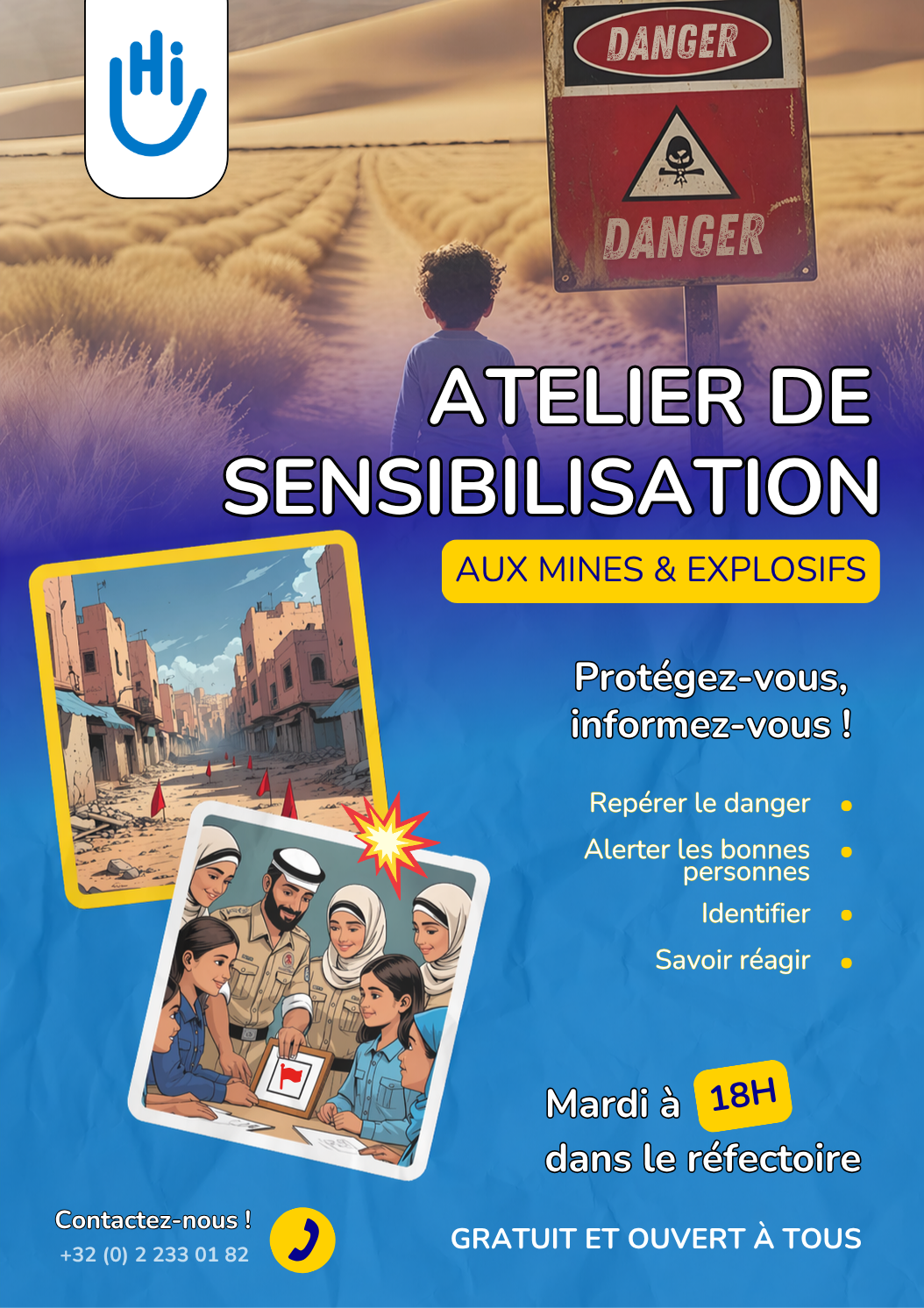 Affiche annonçant un atelier de sensibilisation aux risques des engins explosifs.