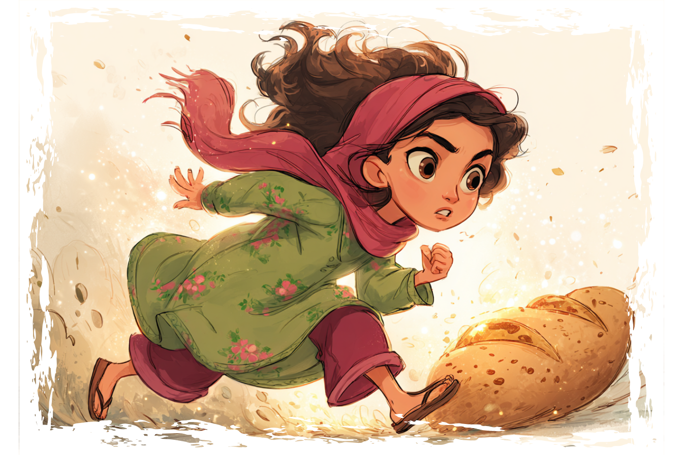 Grappige afbeelding van Aïda’s gedachten: we zien haar rennen om brood te halen, bezig met haar opdracht.