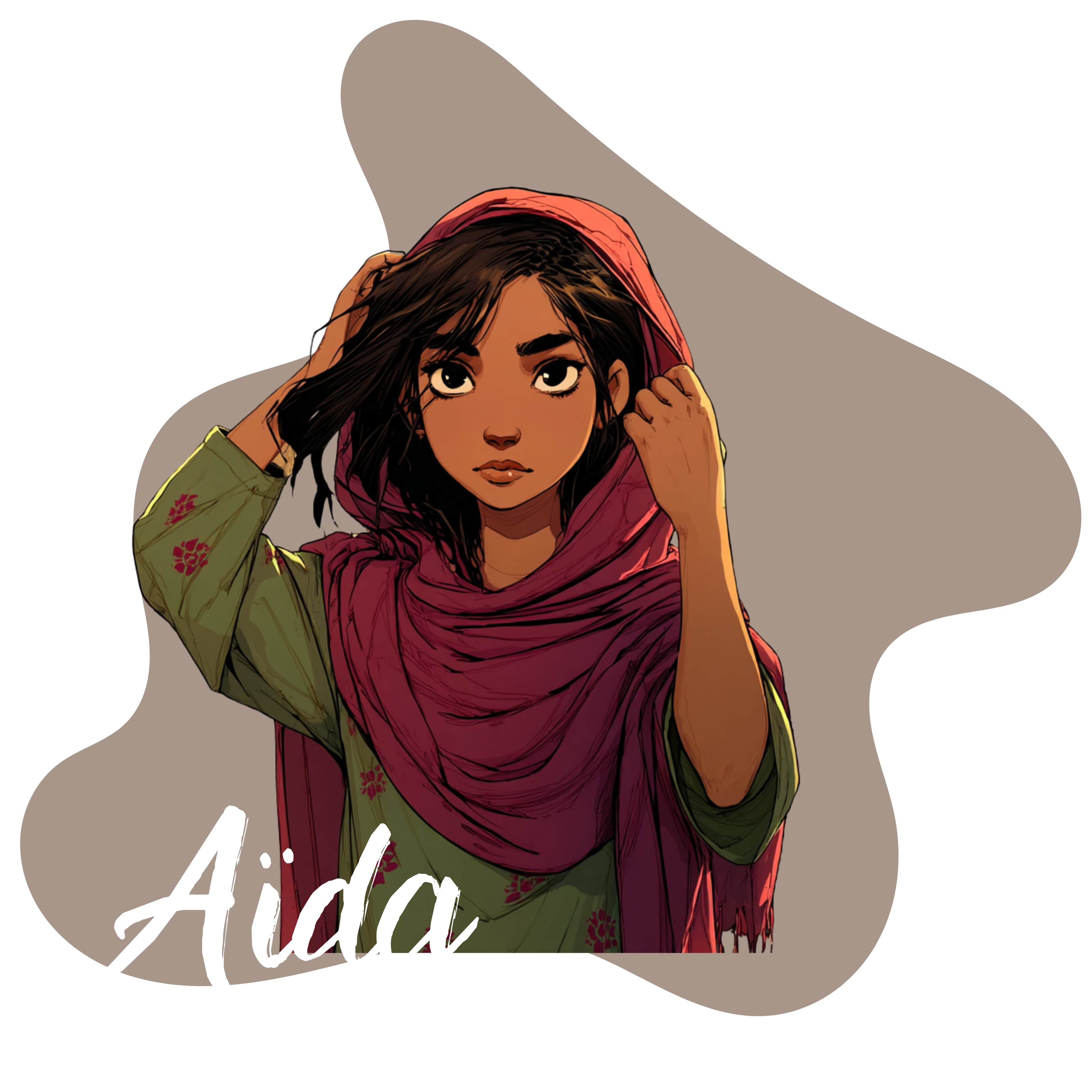 Portrait dessiné de Aïda, adolescente de 12-13 ans, avec de longs cheveux bruns