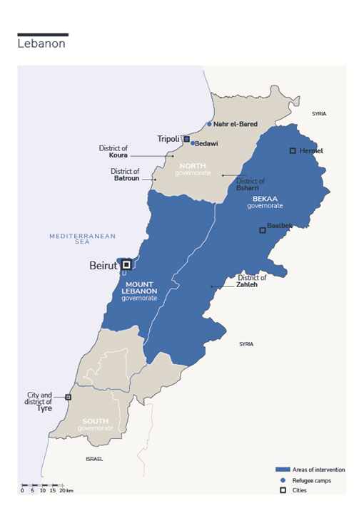 Kaart van Handicap International -interventies in Libanon