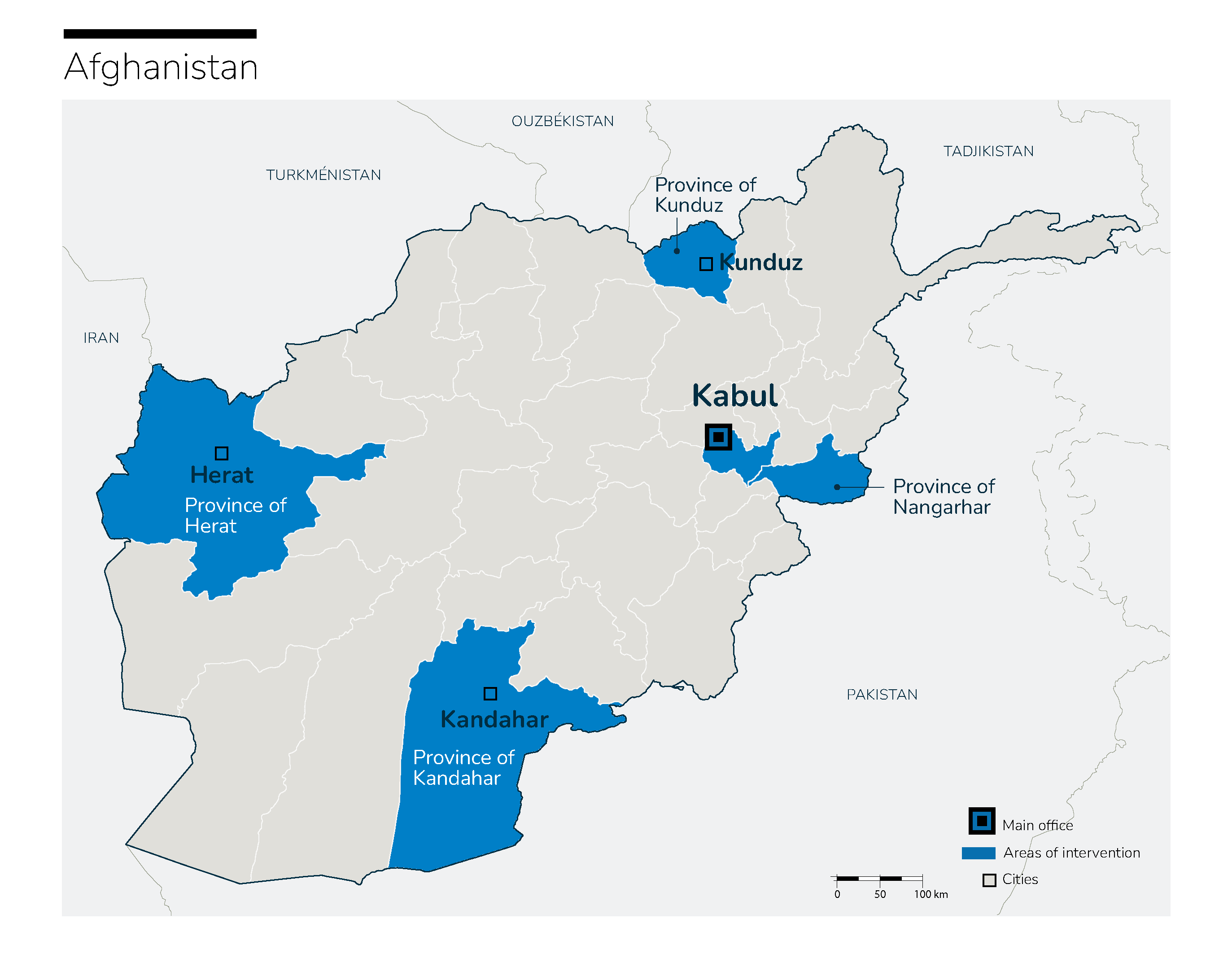 Kaart van Handicap International-acties in Afghanistan