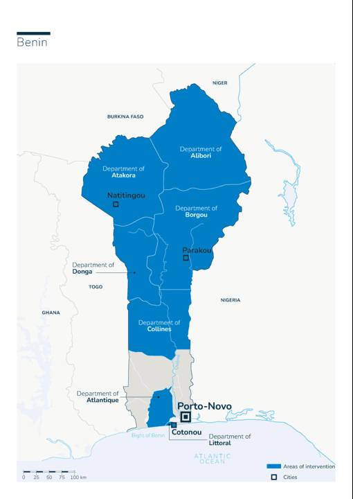 Kaart van Handicap International-interventies in Benin