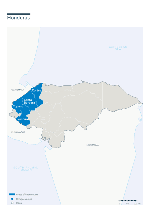Kaart van interventies van Handicap International in Honduras